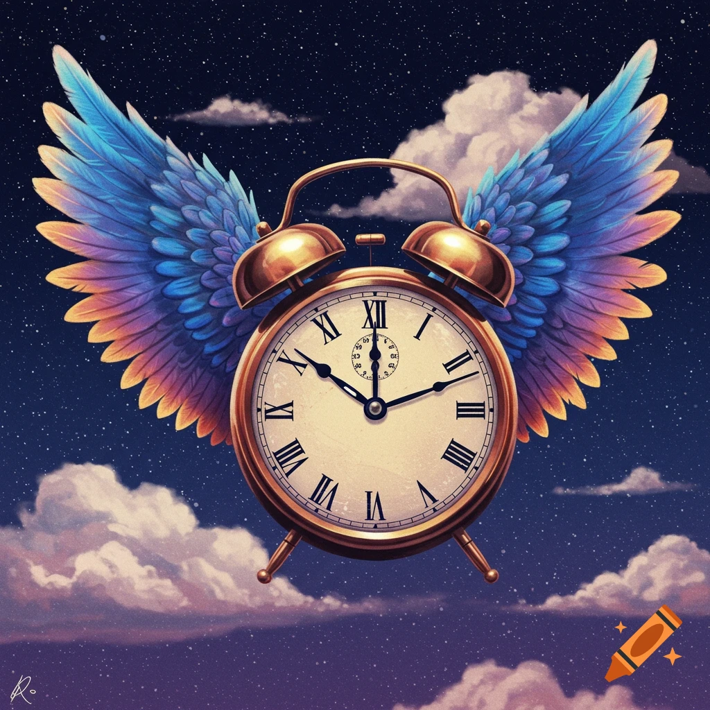 A golden alarm clock with colorful feathered wings flies through a starry night sky with clouds.