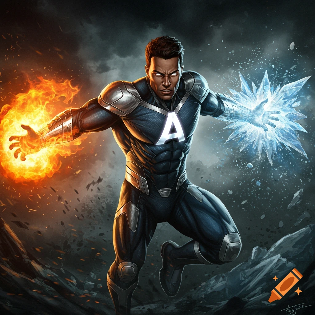 A dark-skinned superhero with an A on his chest shoots fire from one hand and ice from the other.