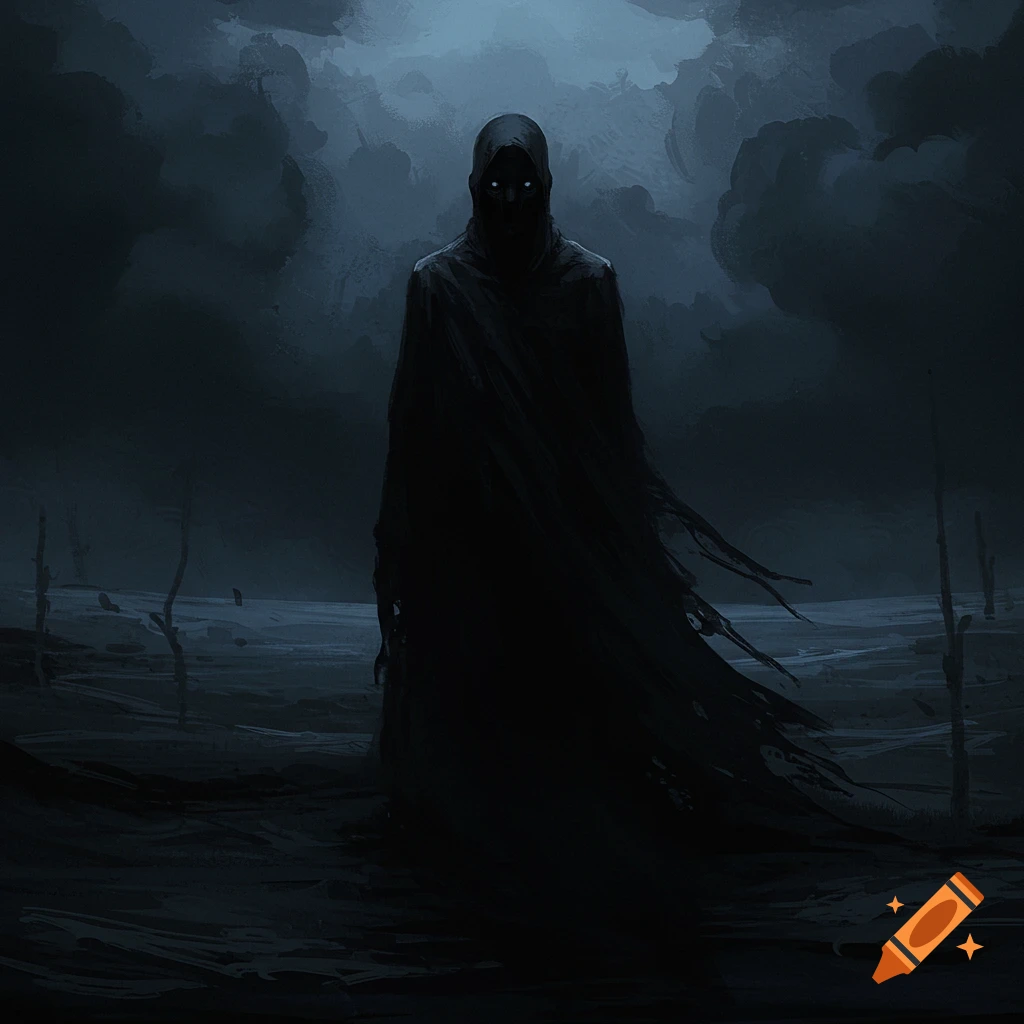 Dark hooded figure with glowing eyes in a desolate landscape.