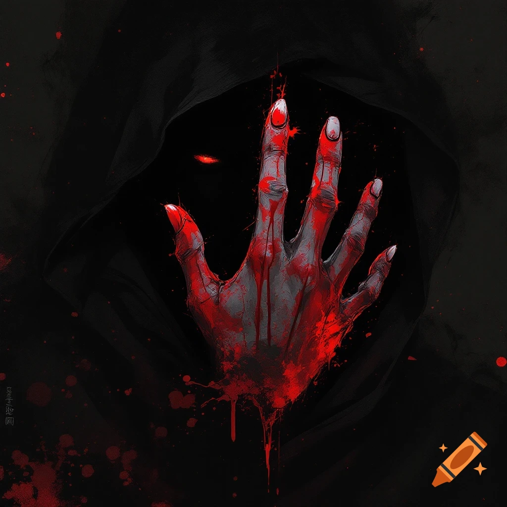 Dark hooded figure with glowing red eyes and blood-soaked hand reaching out.
