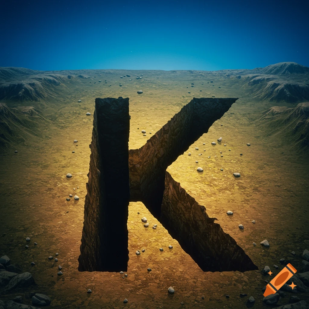 A large, K-shaped hole in rocky ground under a starry night sky.