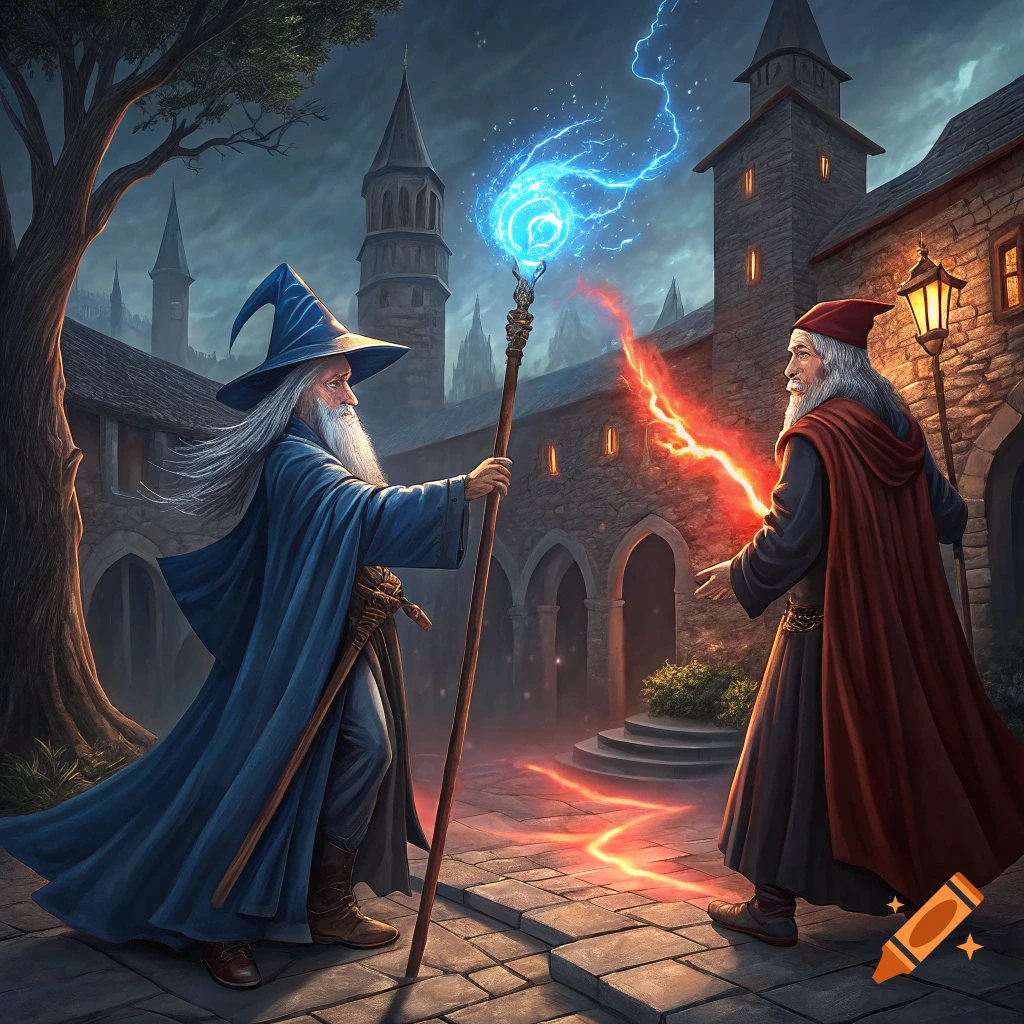 Two wizards duel with blue and red magic in a castle courtyard at night.