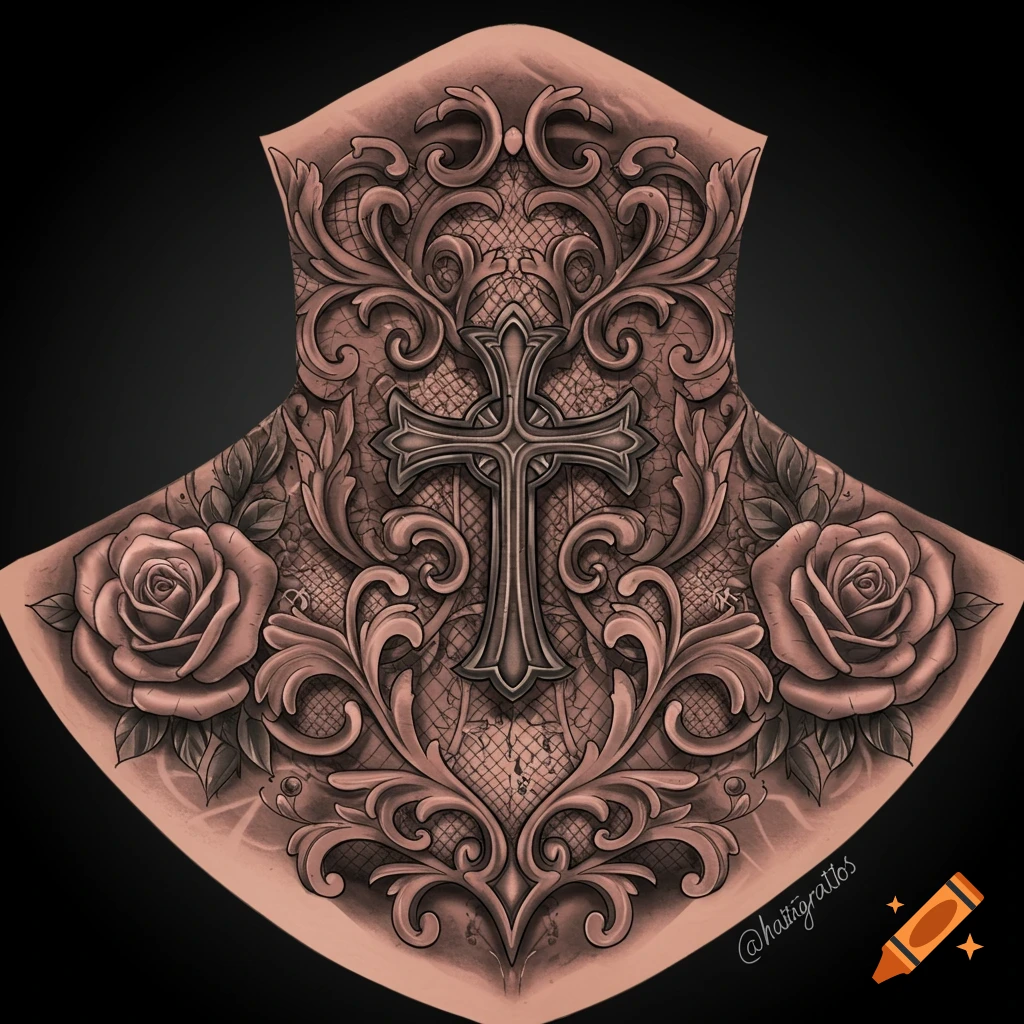 Detailed neck tattoo design featuring a cross, roses, and ornate patterns.