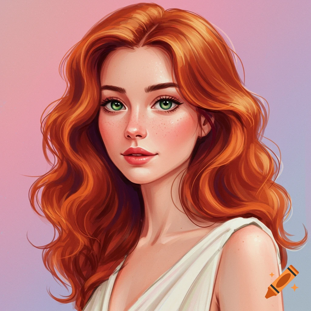 A young woman with long red hair and green eyes.