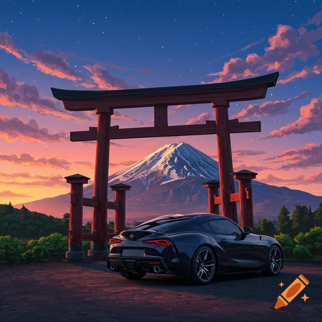 Black Supra car in front of a torii gate with Mt. Fuji at sunset
