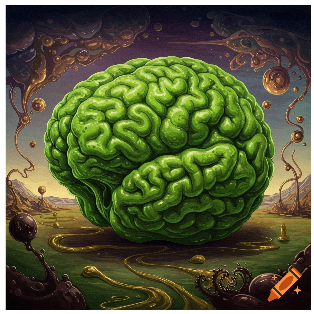 Surreal image of a giant green brain in a strange landscape