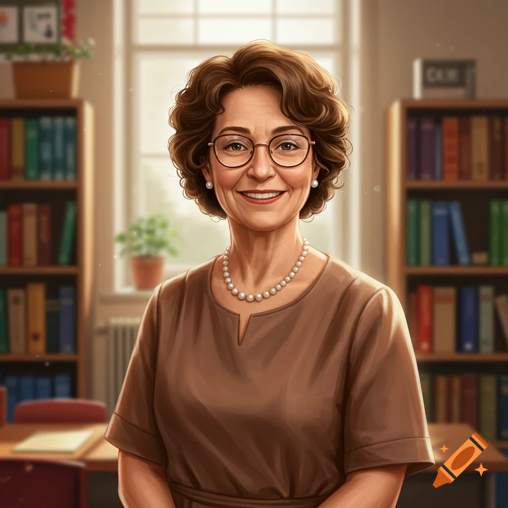A smiling teacher with glasses and a pearl necklace in a classroom.