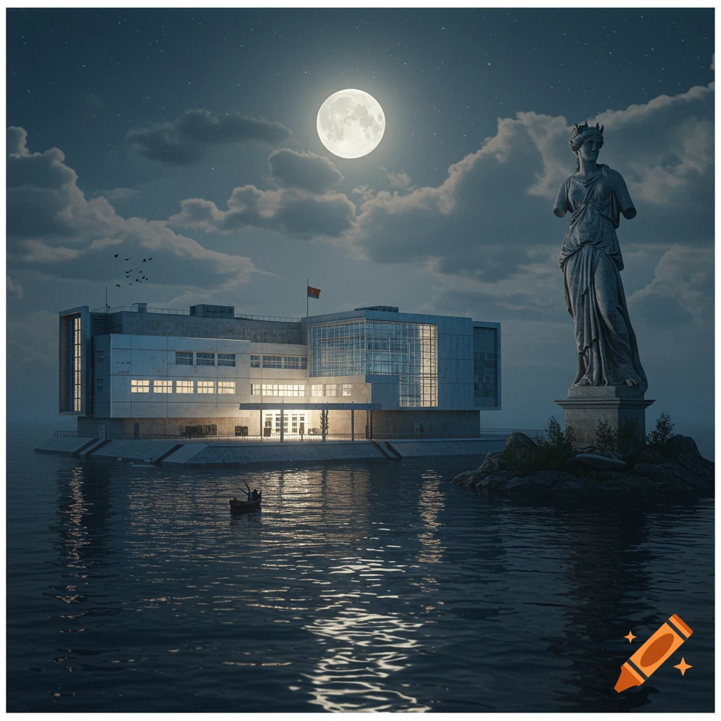 A futuristic building floating on water with a Greek statue under a full moon.