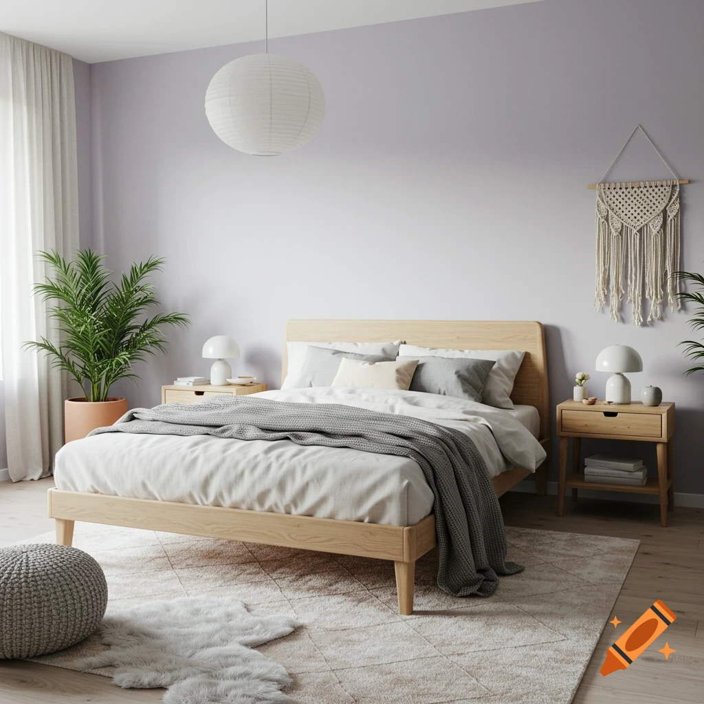 A Scandinavian-style bedroom with a light wood bed, grey bedding, nightstands, plants, and soft pastel walls.