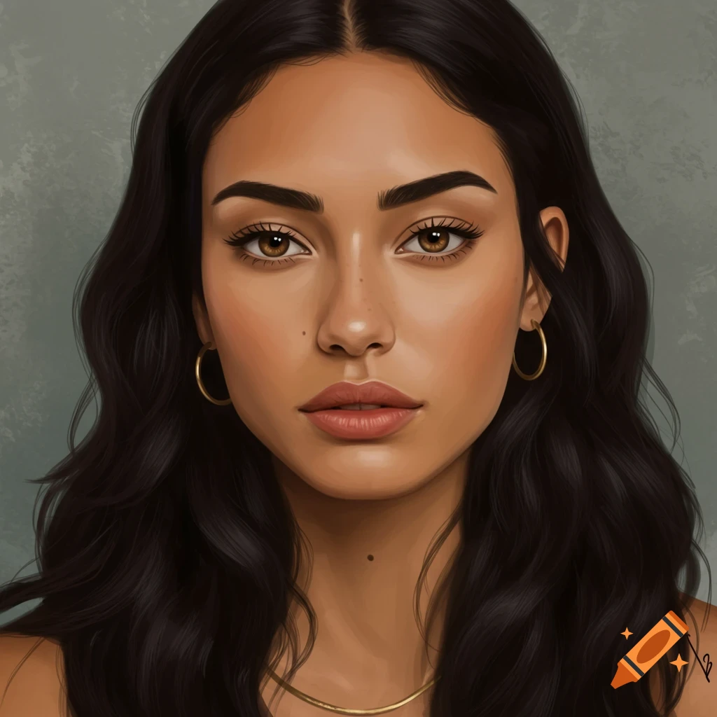 A close-up portrait of a woman with dark hair and brown eyes, wearing gold hoop earrings and necklace.