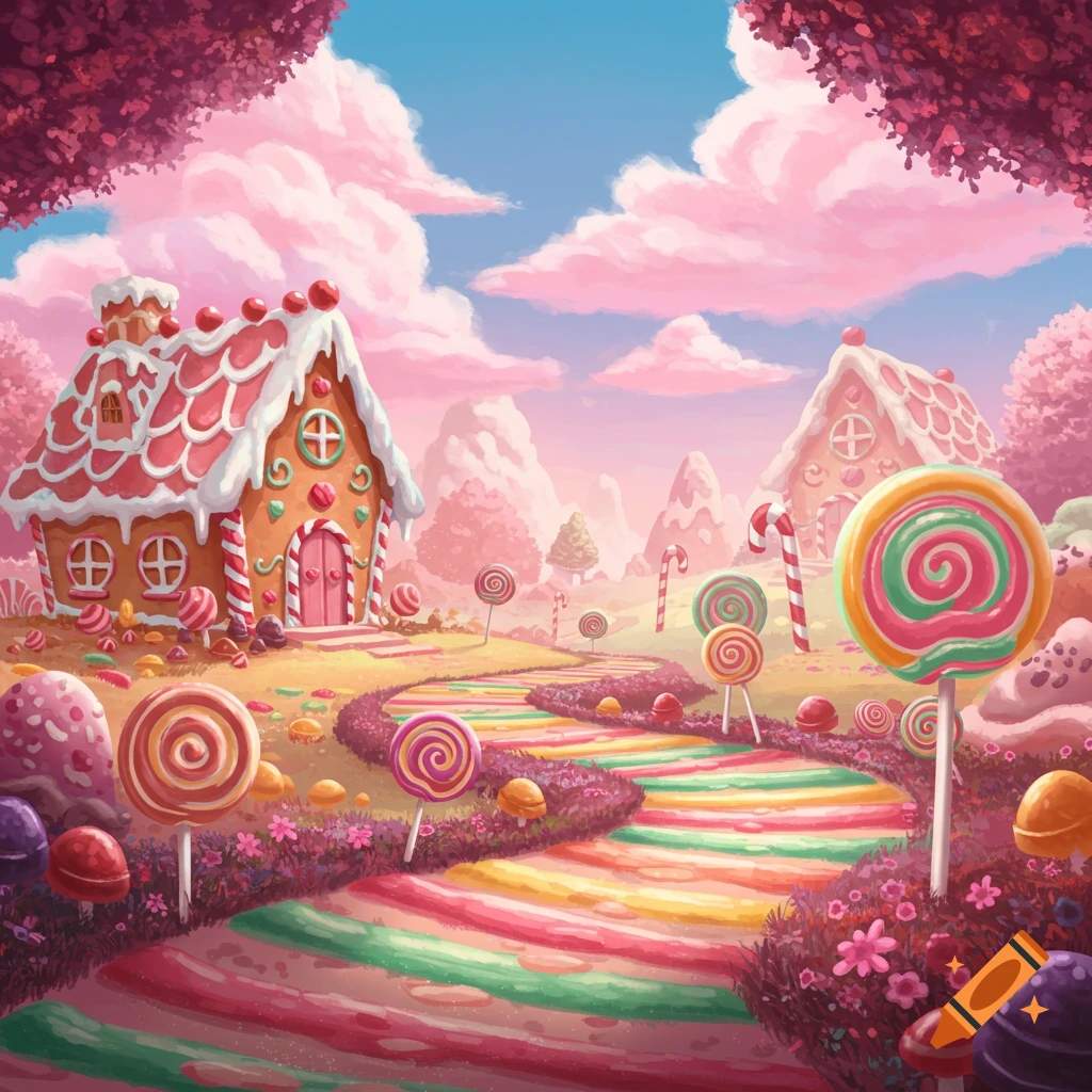 A fantasy landscape of candy land with gingerbread houses, a rainbow path, and large lollipops under a pink sky.