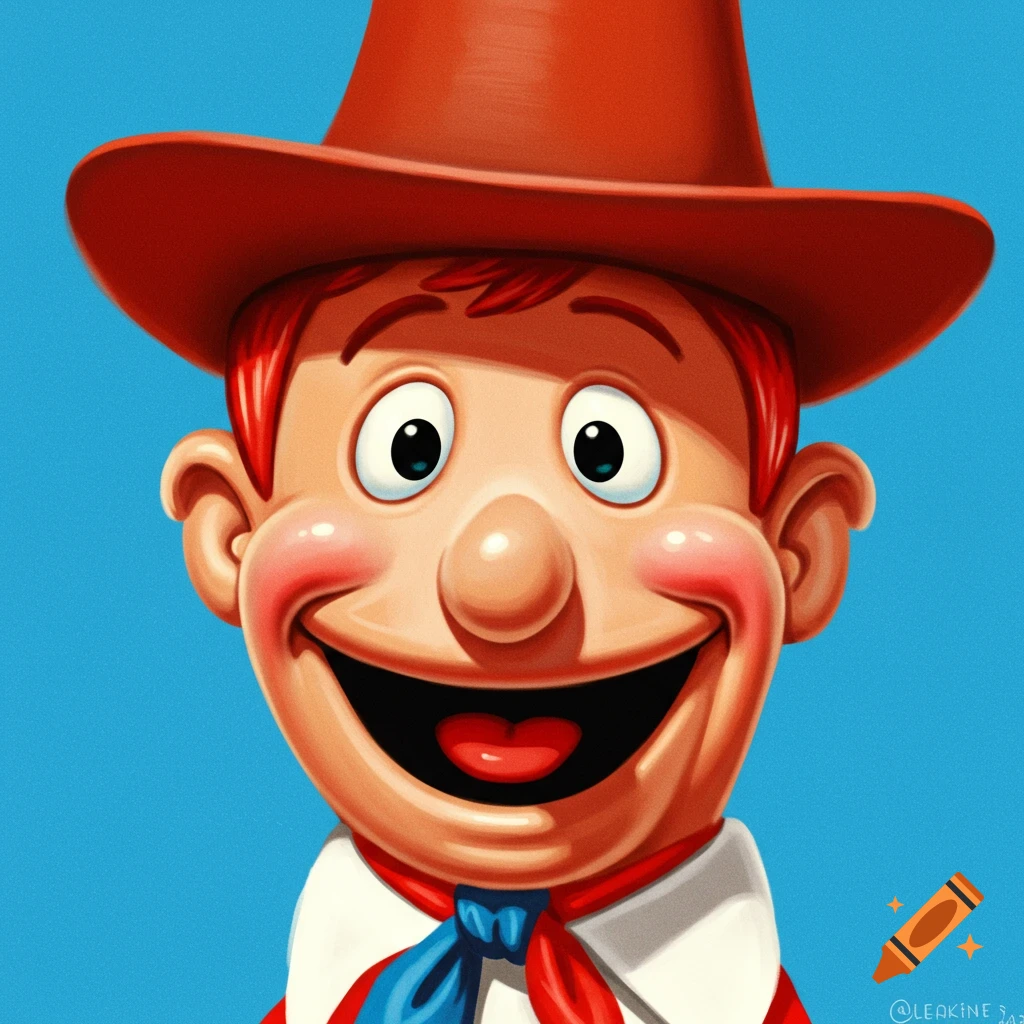 A close-up of a cartoon character with a big smile, red hat, and red hair.