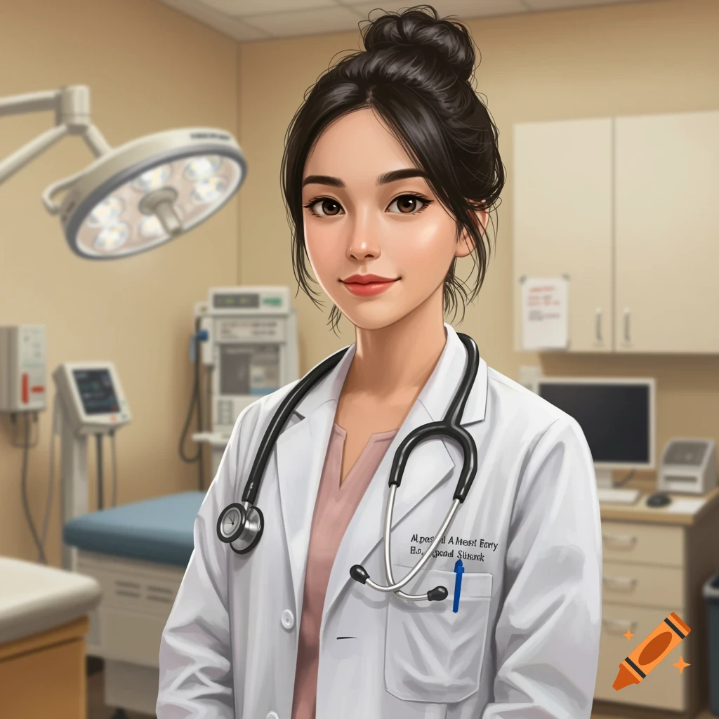 A female doctor in a white coat and stethoscope stands in a clinic.