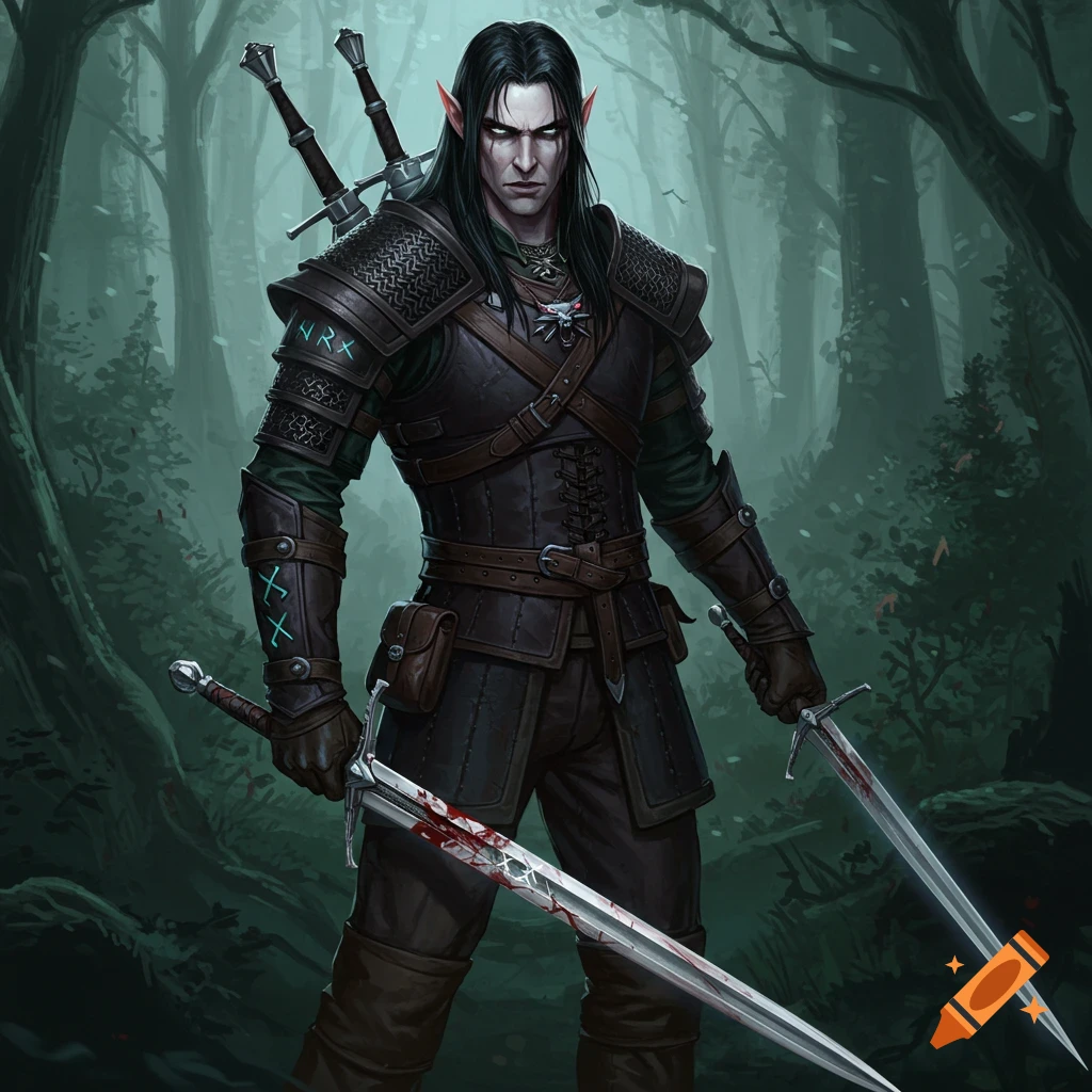 A male elf witcher with long black hair and red eyes, wearing leather armor, holds bloody swords in a forest.