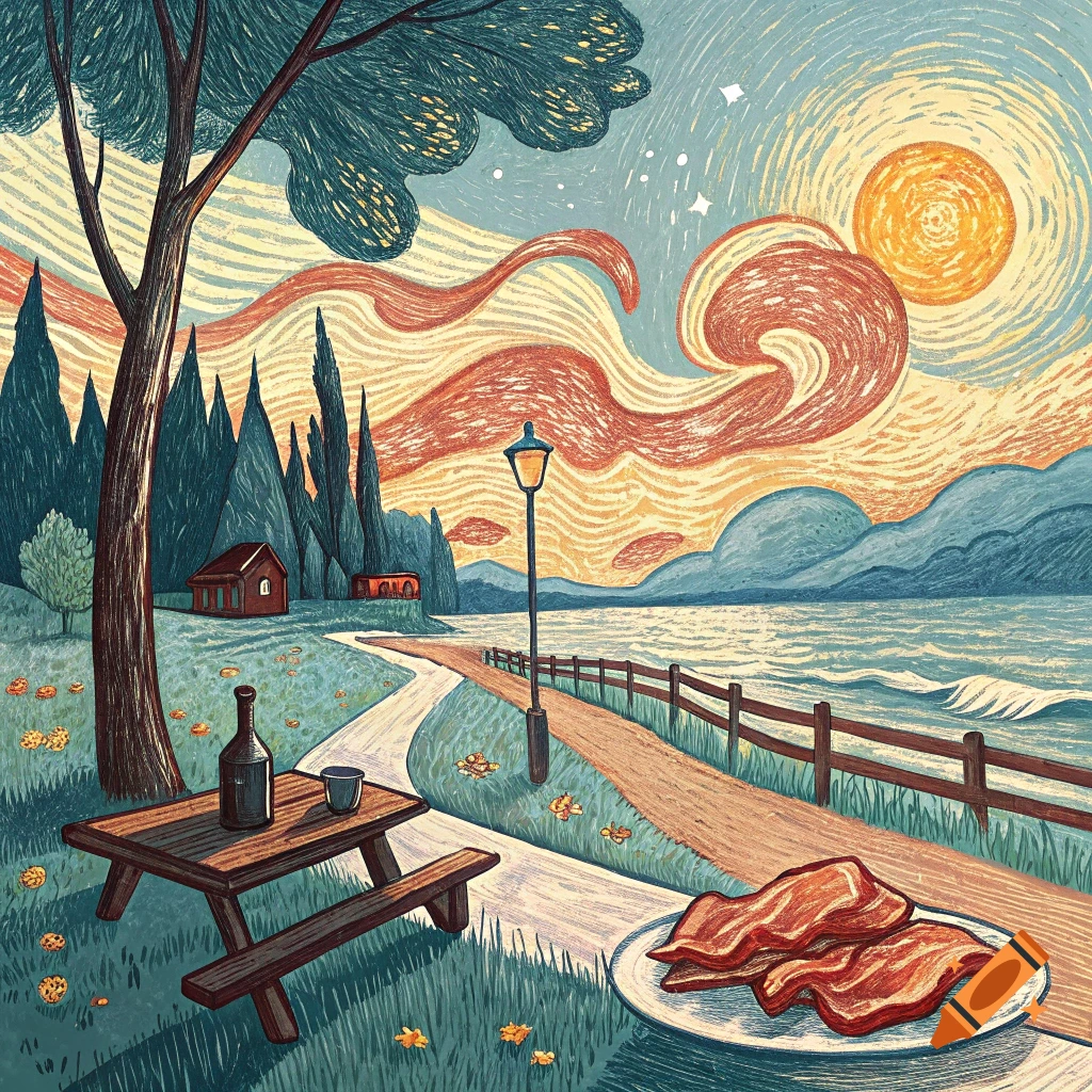A stylized painting in crayon-like texture depicts a picnic table with a bottle and bacon on a plate beside a path, fence, and lake under a sky with swirling clouds and a bright sun.