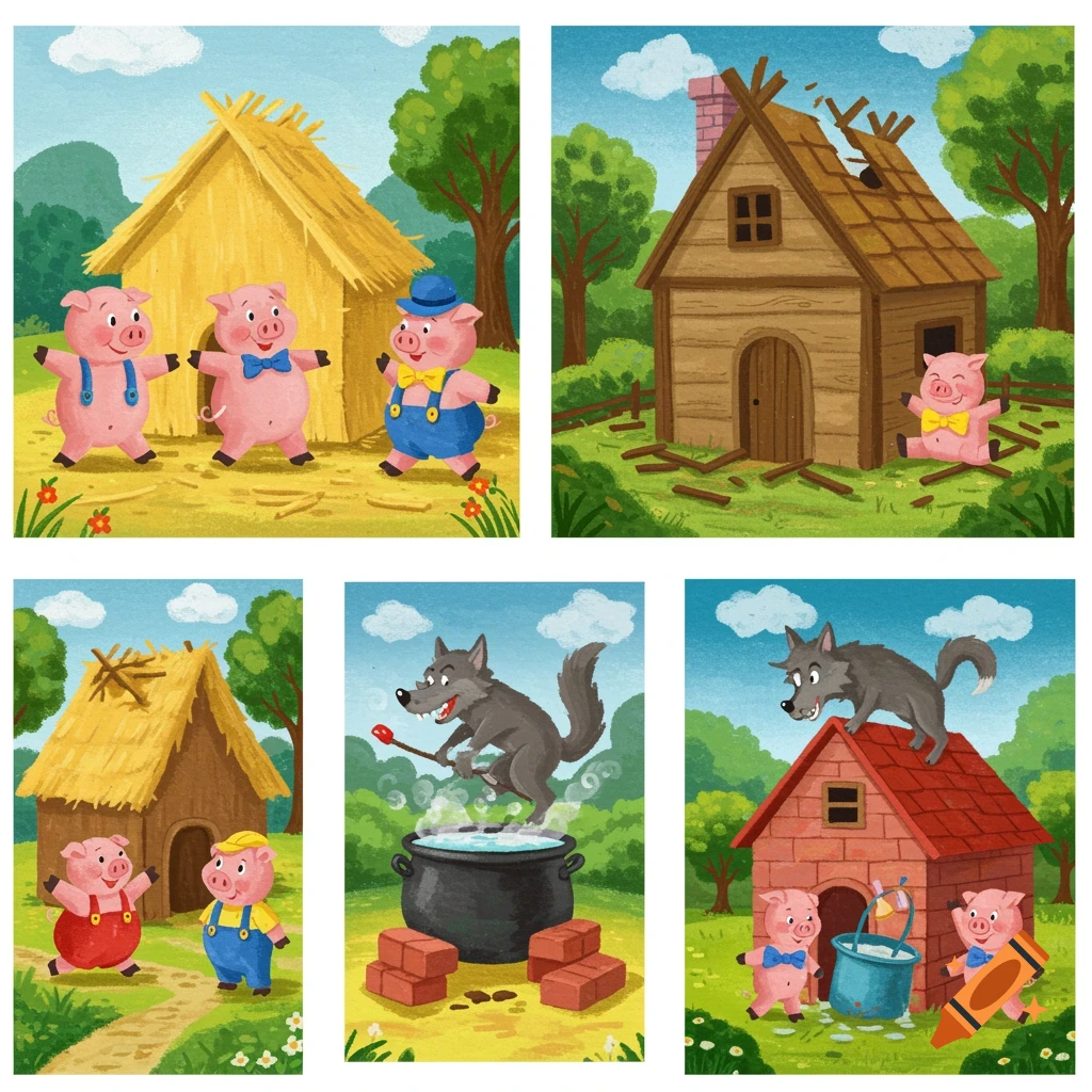 Five whimsical illustrations depicting scenes from the Three Little Pigs story.