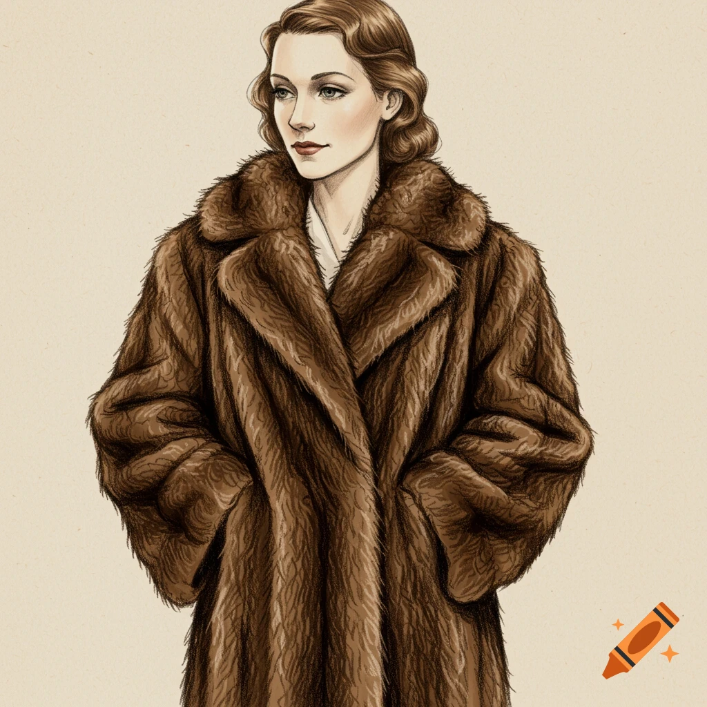 Realistic pencil sketch of a woman in a 1940s brown fur coat