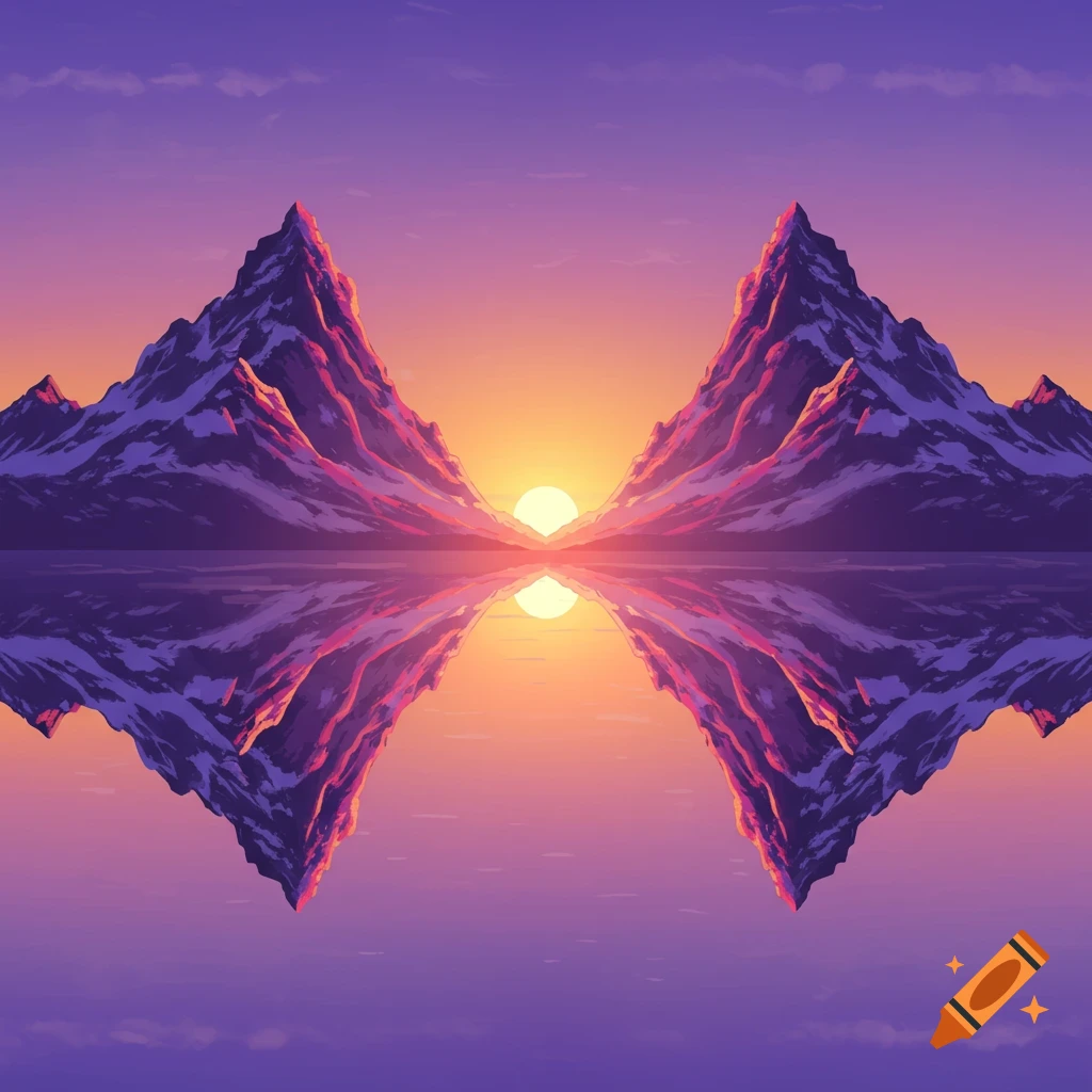 Symmetrical pixel art landscape of mountains reflected in water during sunset