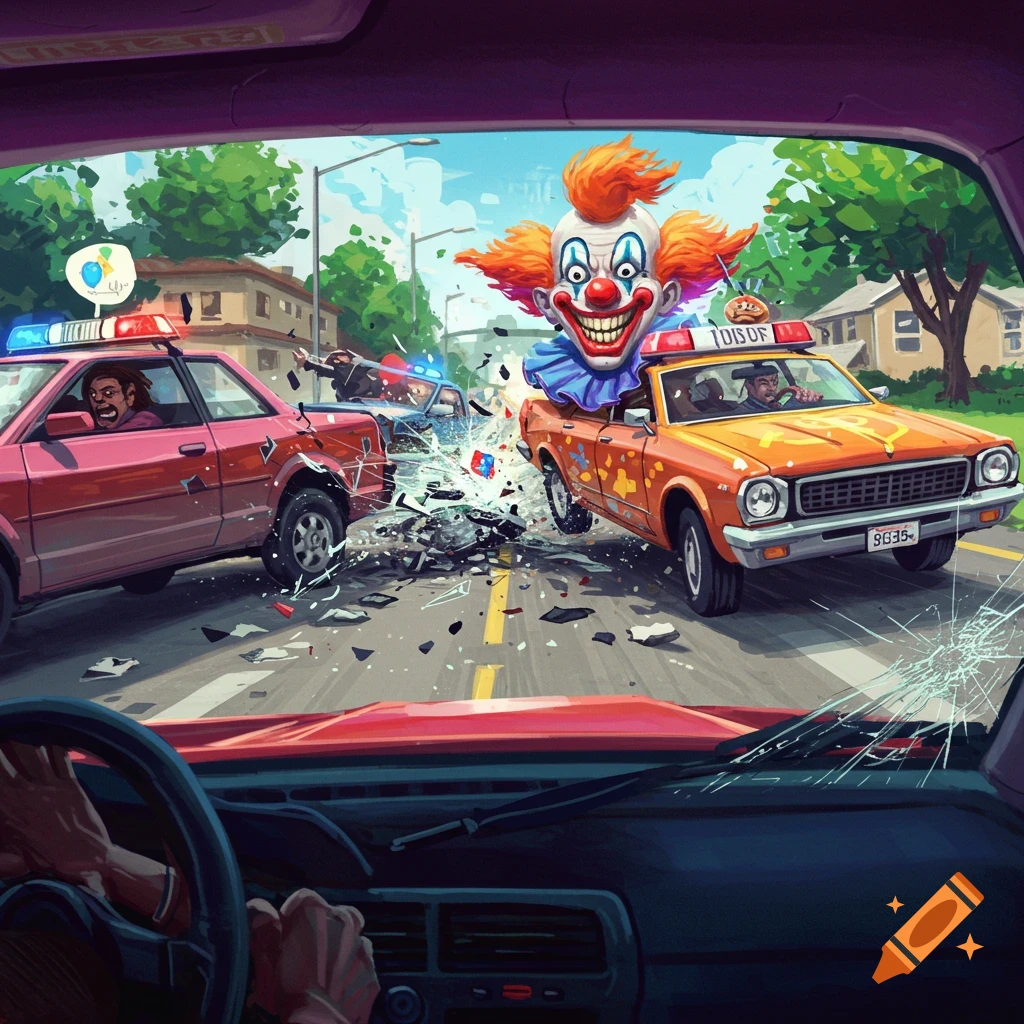 Cartoonish view from a dashcam showing a road rage crash between police cars and a taxi driven by a clown.