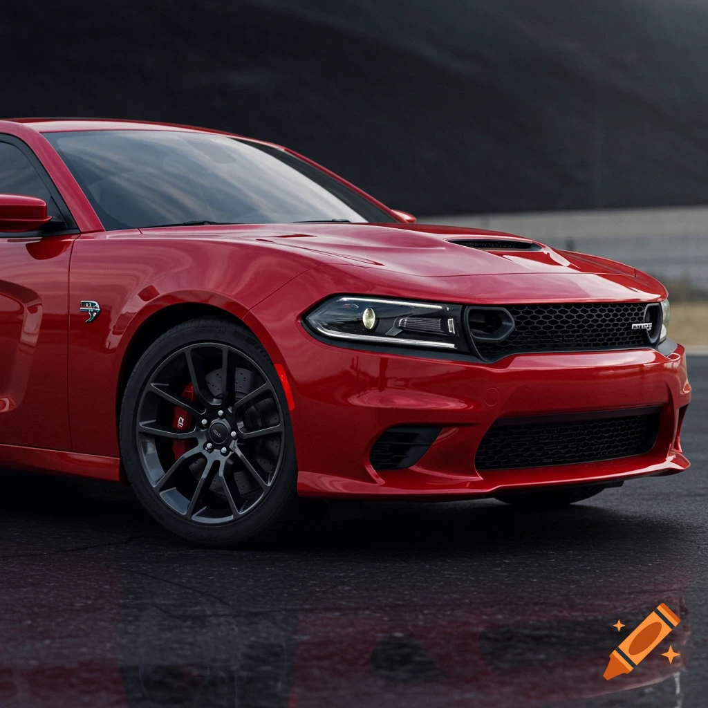 A red Dodge Charger Hellcat is parked on a dark surface, shown from the front quarter view.