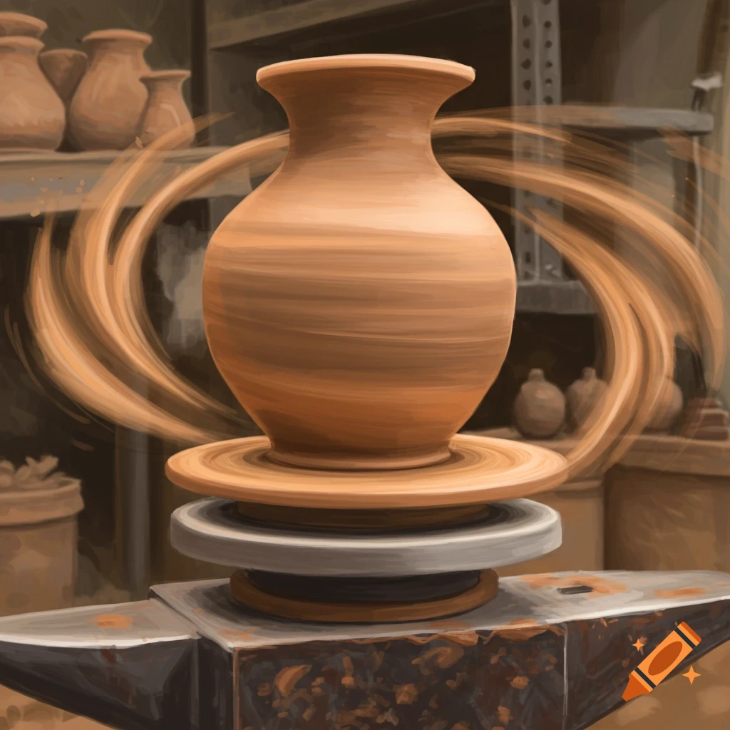 A clay pot is being formed on a potter's wheel, which is placed on an anvil in a workshop.