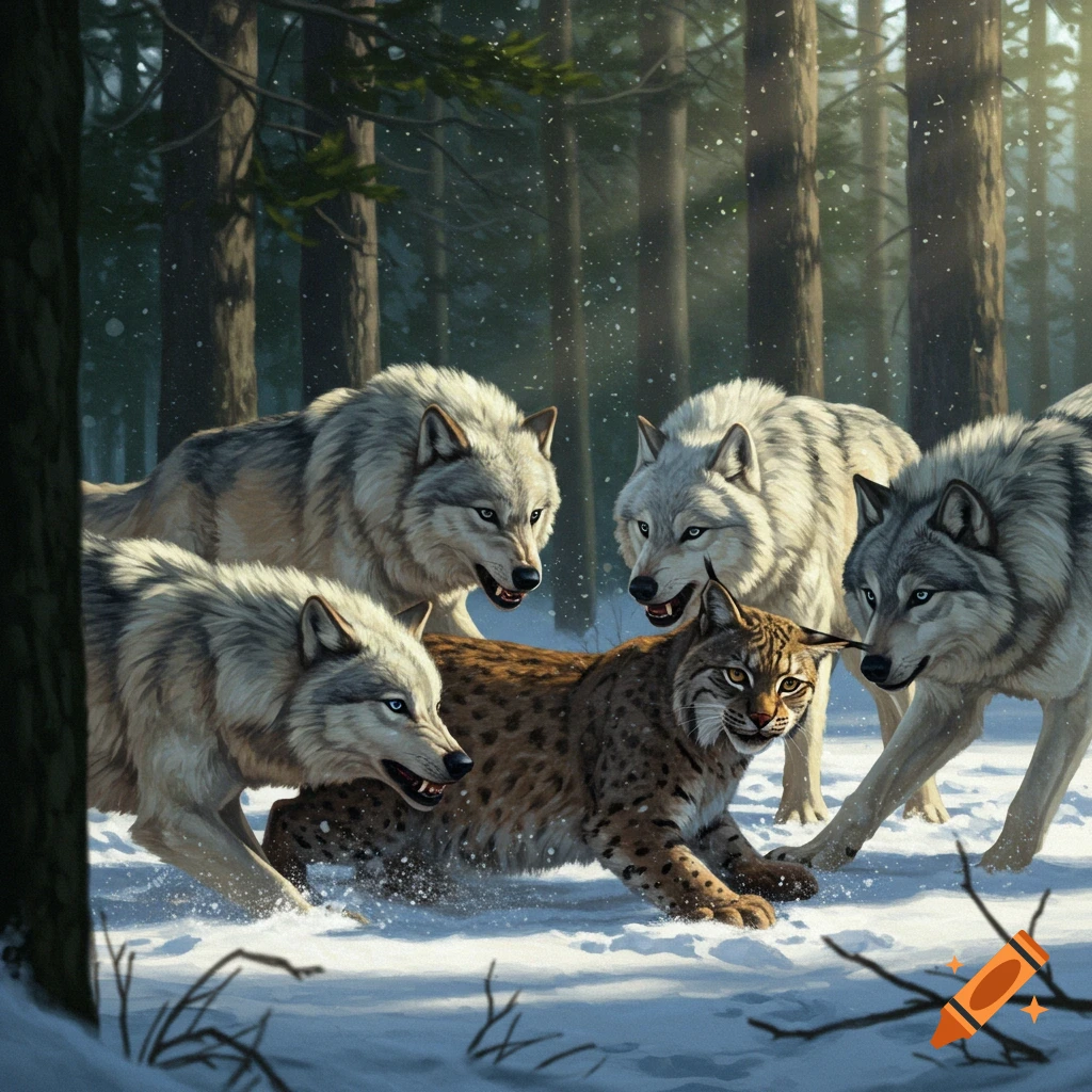A pack of wolves surrounds a lynx in a snowy forest.