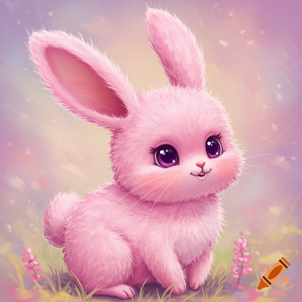 A fluffy pink bunny with big purple eyes sits in a field of flowers in an illustration.