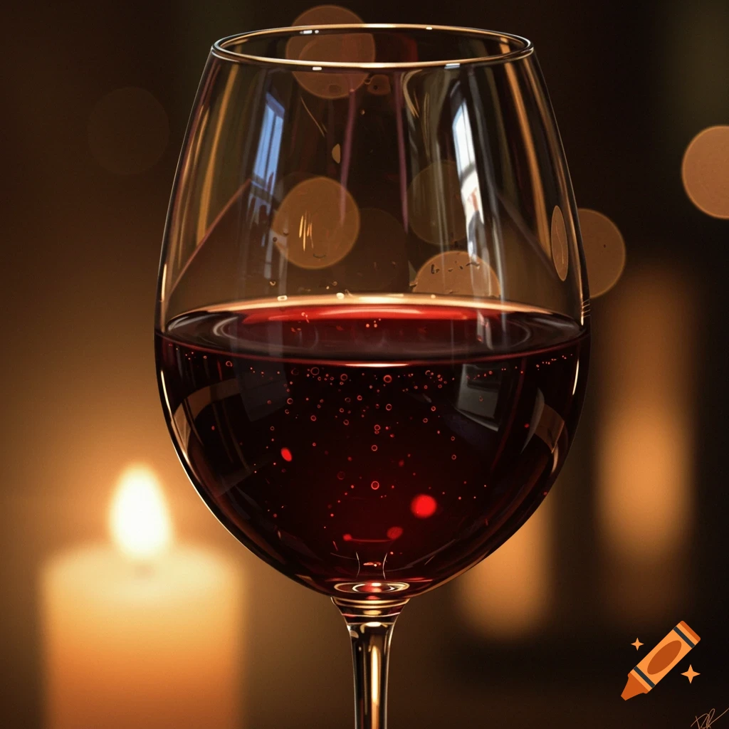 A close-up image of a glass of red wine with bubbles against a blurry background with warm bokeh lights.