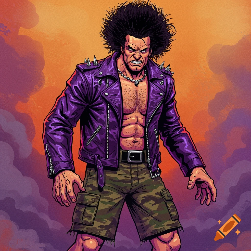 An illustration of a muscular man with wild hair, wearing a purple spiked leather jacket and camo shorts.