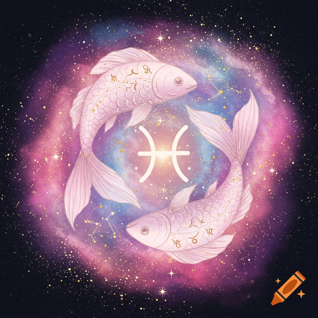 Stylized pink fish with golden markings surround a white Pisces symbol against a swirling galaxy with stars.