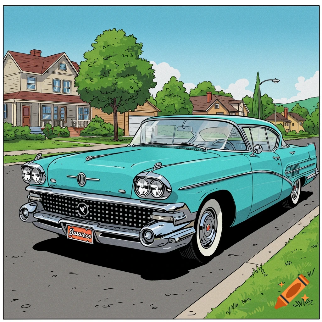 A cartoon teal 1958 Buick is parked on a suburban street.