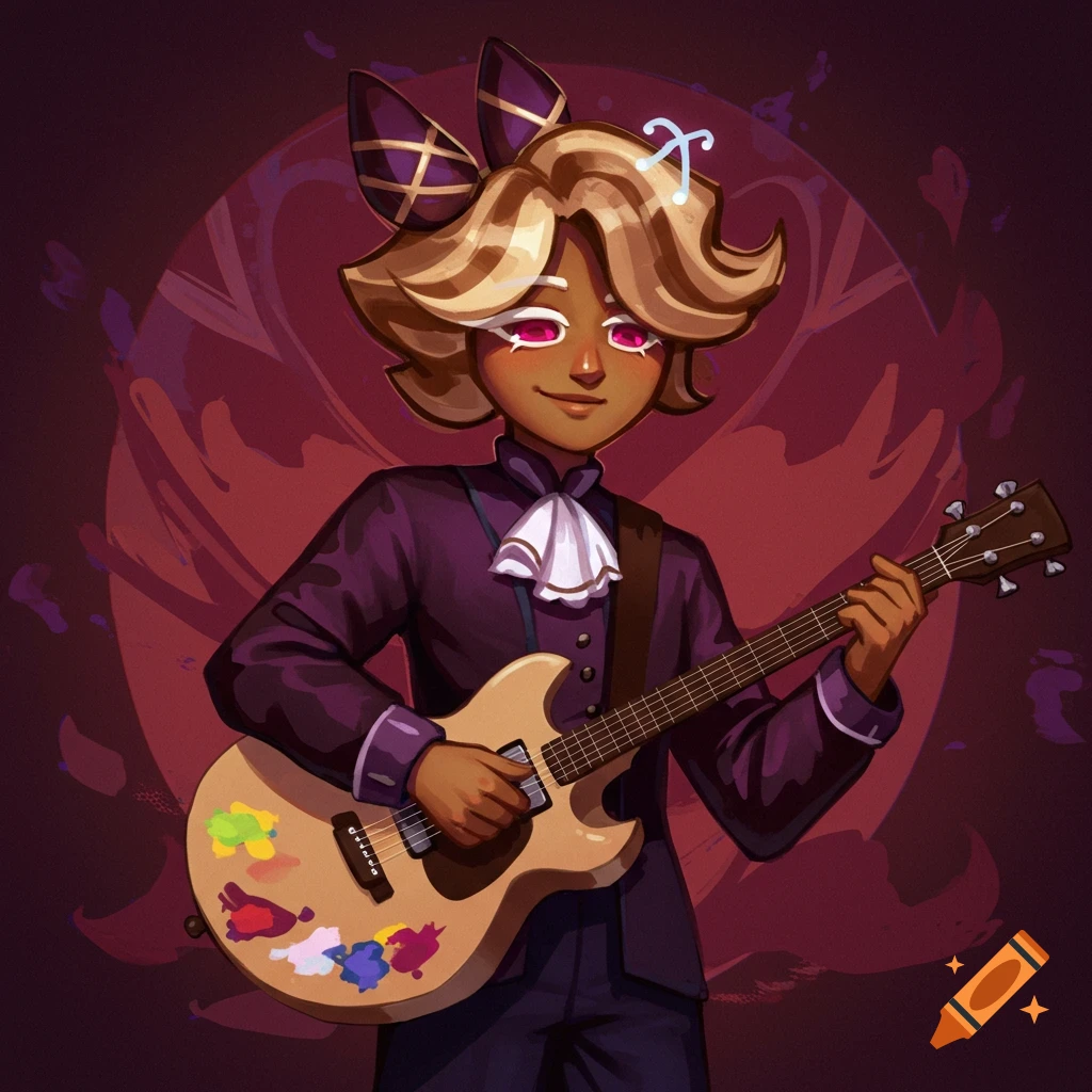 Character in a purple suit playing a guitar