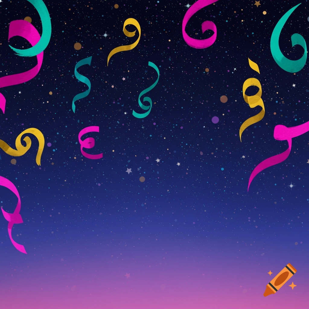 Colorful streamers falling against a starry night sky with a purple gradient.