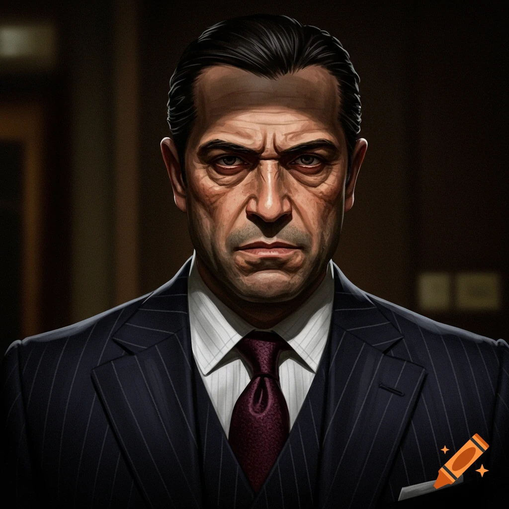 Portrait of a serious man in a pinstripe suit and tie.