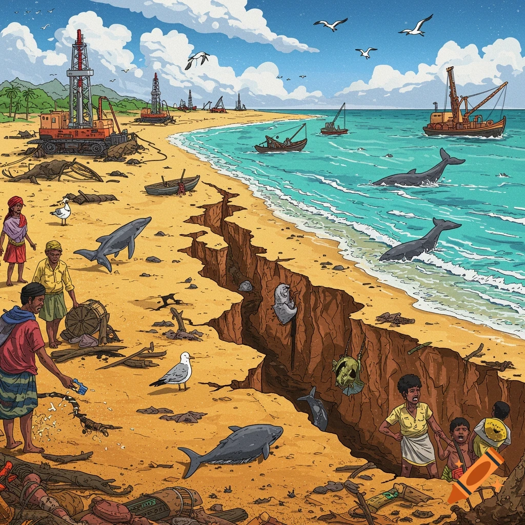 Stylized illustration of an environmental disaster on a beach with a large crack, drilling rigs, distressed people and animals, and boats.