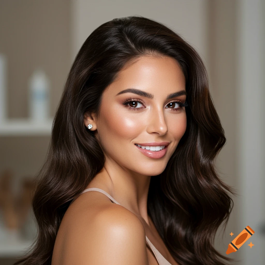 Photorealistic portrait of a smiling brunette woman with long hair and soft lighting.
