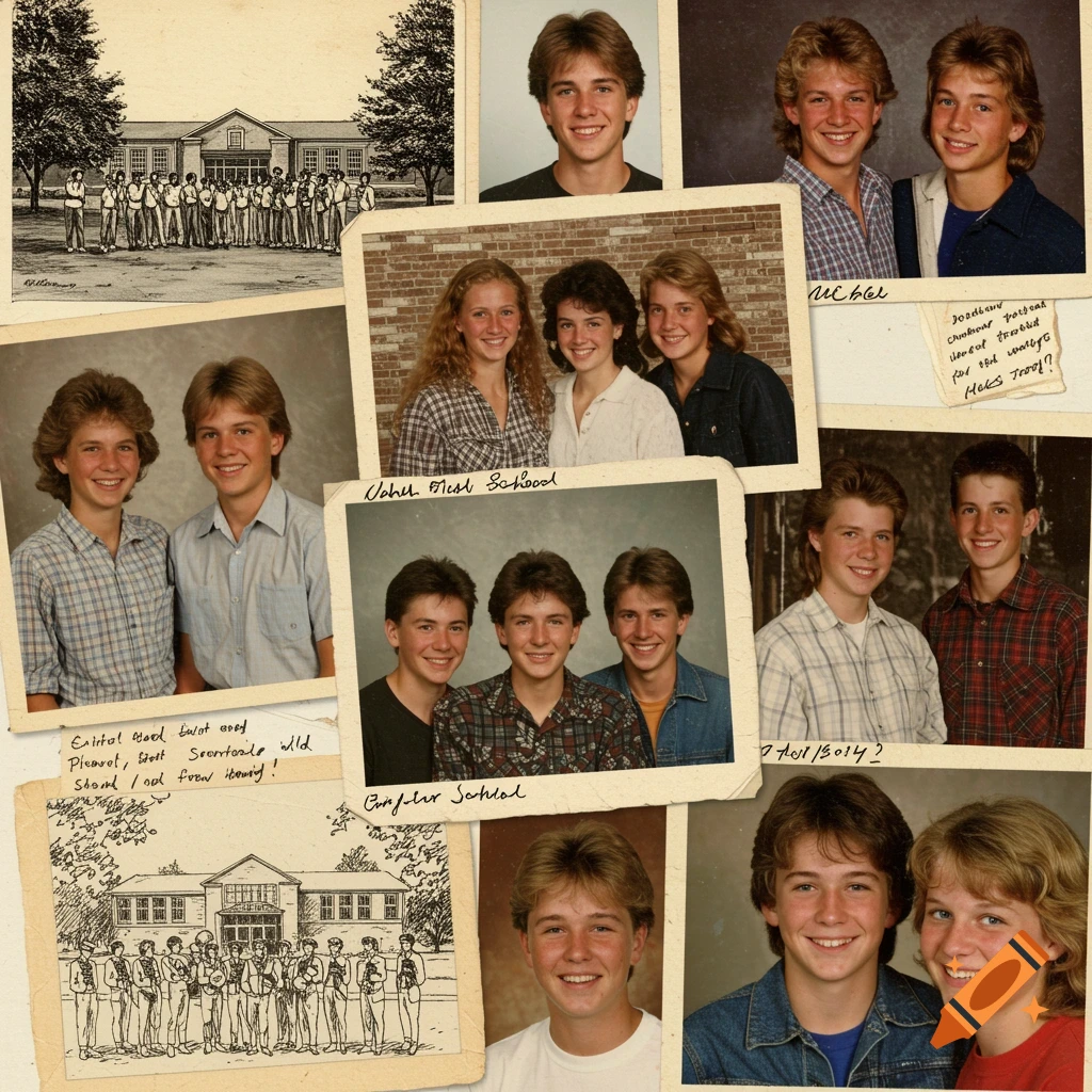 A vintage school yearbook collage with student portraits, sketches, and handwritten notes.