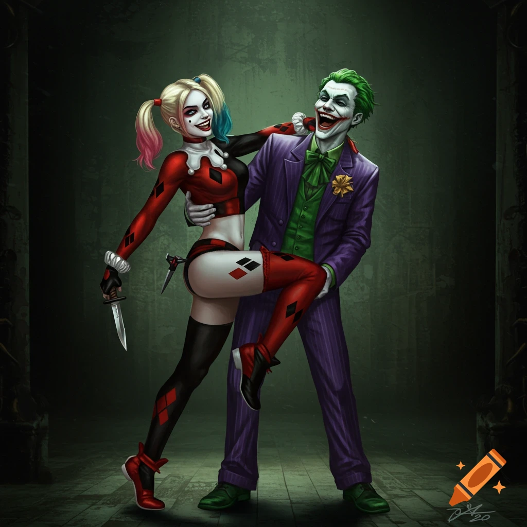 Joker holding Harley Quinn as they pose playfully in a dark room.
