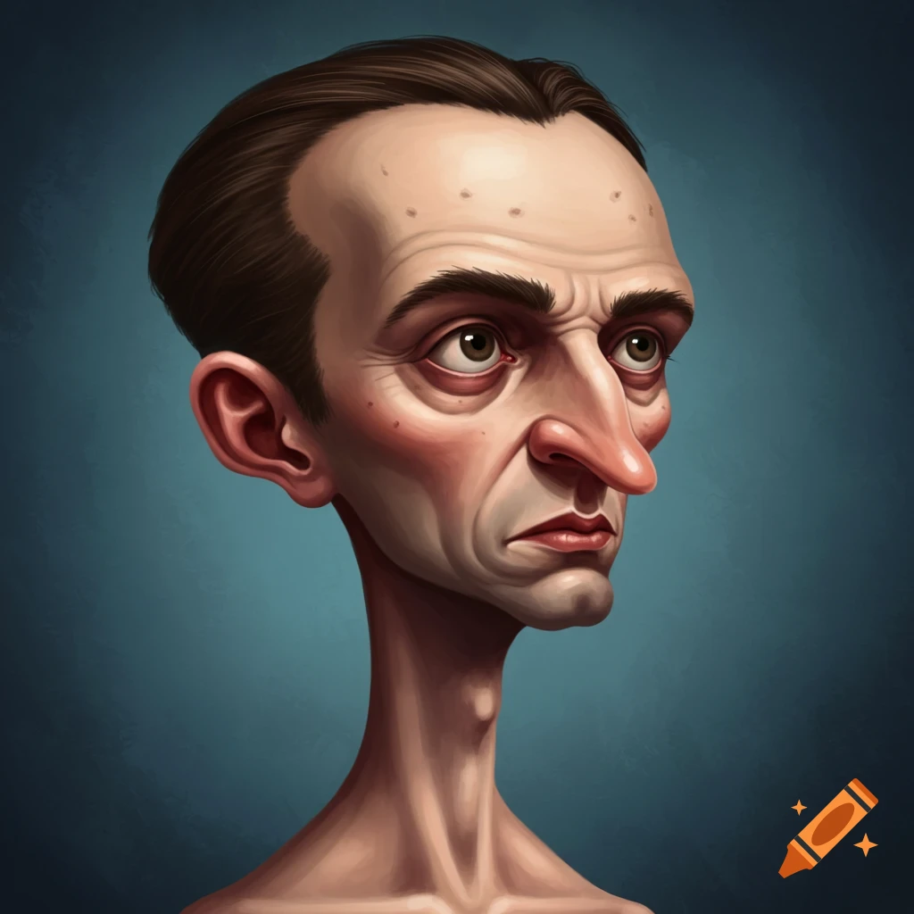 Caricature of a man with a large head and long neck.