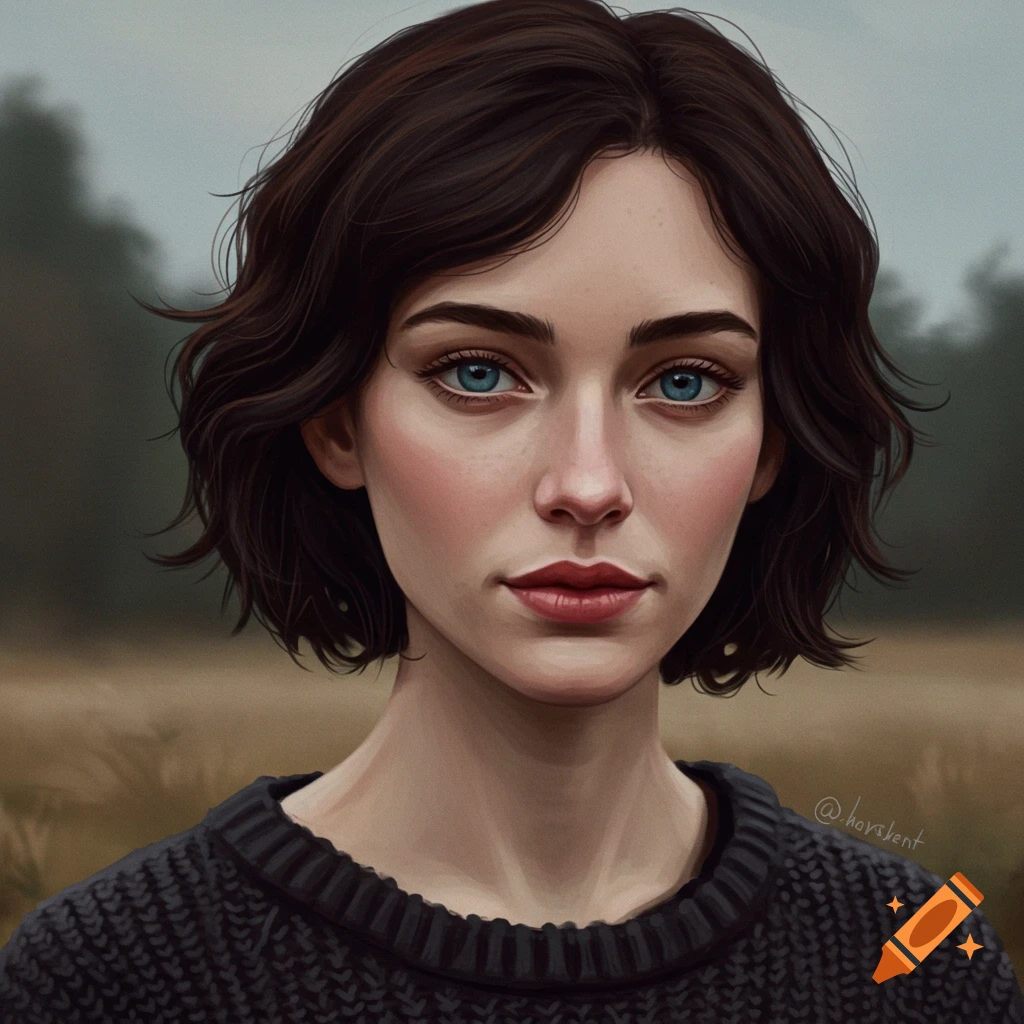 A young woman with short brown hair and blue eyes wears a dark sweater, against a blurry field background.