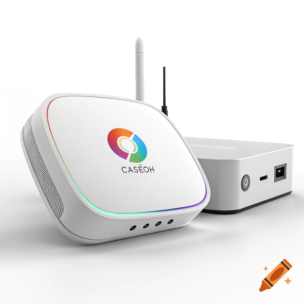 A white electronic device with a colorful logo and 'CASEOH' text, next to another device.
