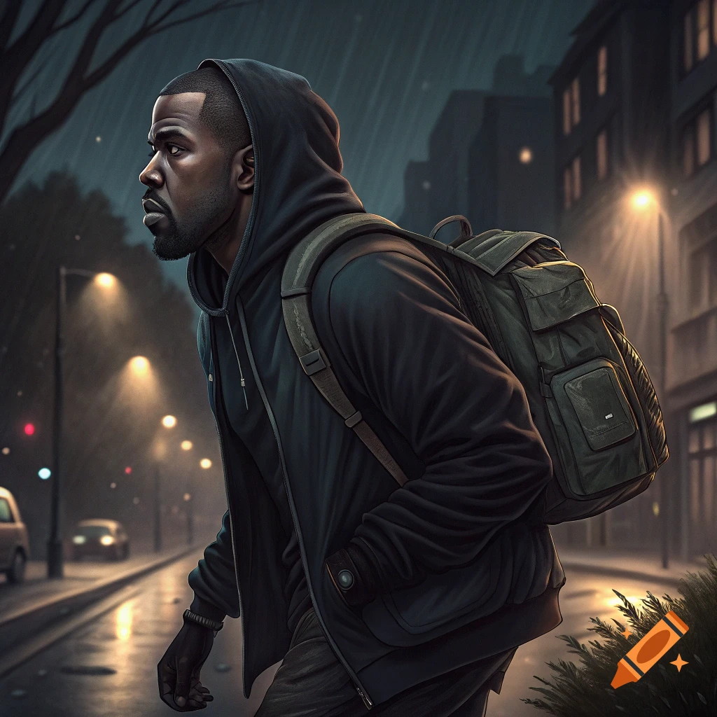 Man resembling Kanye West with a backpack walks in rain on city street at night