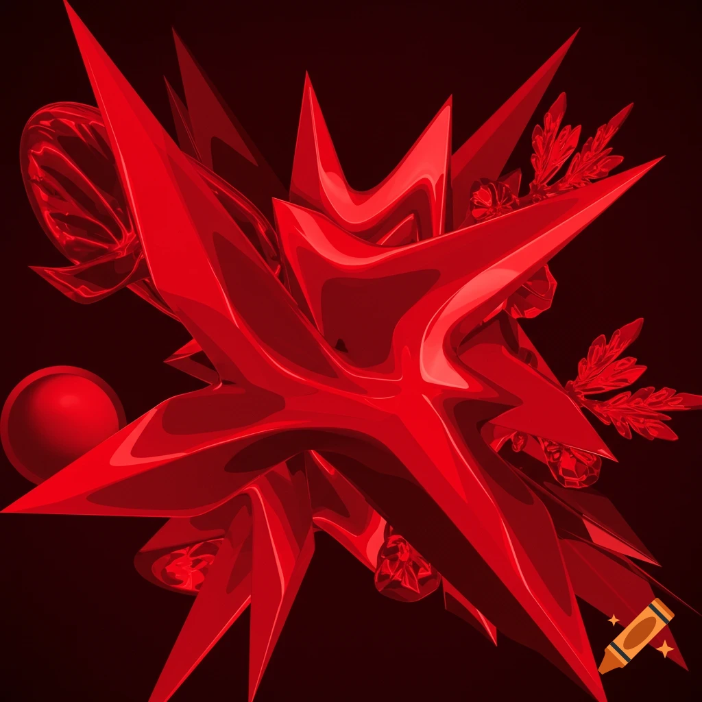 Abstract red geometric shapes with glossy surfaces on a dark background.