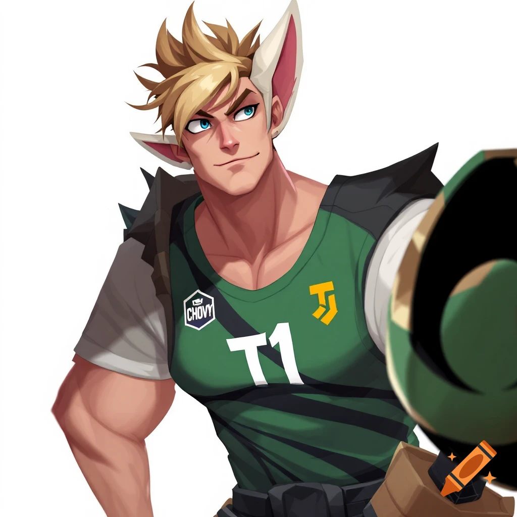 A man with animal ears wearing a green and black T1 esports jersey with "CHOVY" and "T1" text.