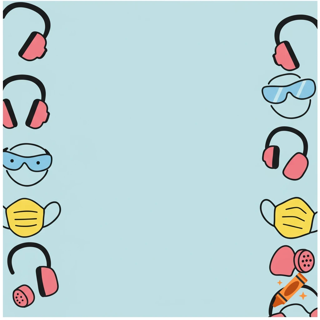 A border pattern of safety equipment icons including ear protection, goggles, and masks on a light blue background.