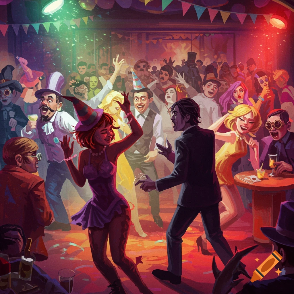 A colorful stylized illustration of a lively, crowded party scene with people dancing and celebrating.