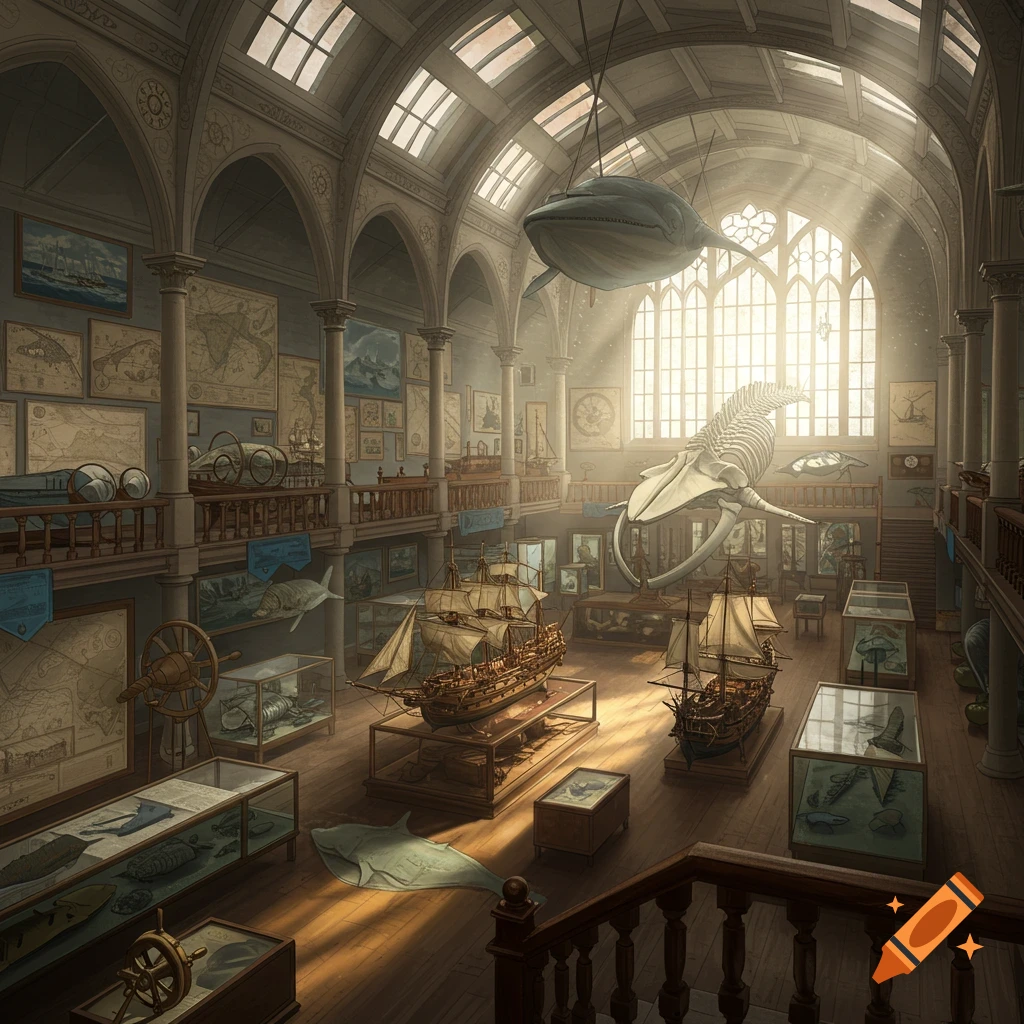 A large museum hall featuring hanging whale skeletons, model ships on display, and maps on the walls.