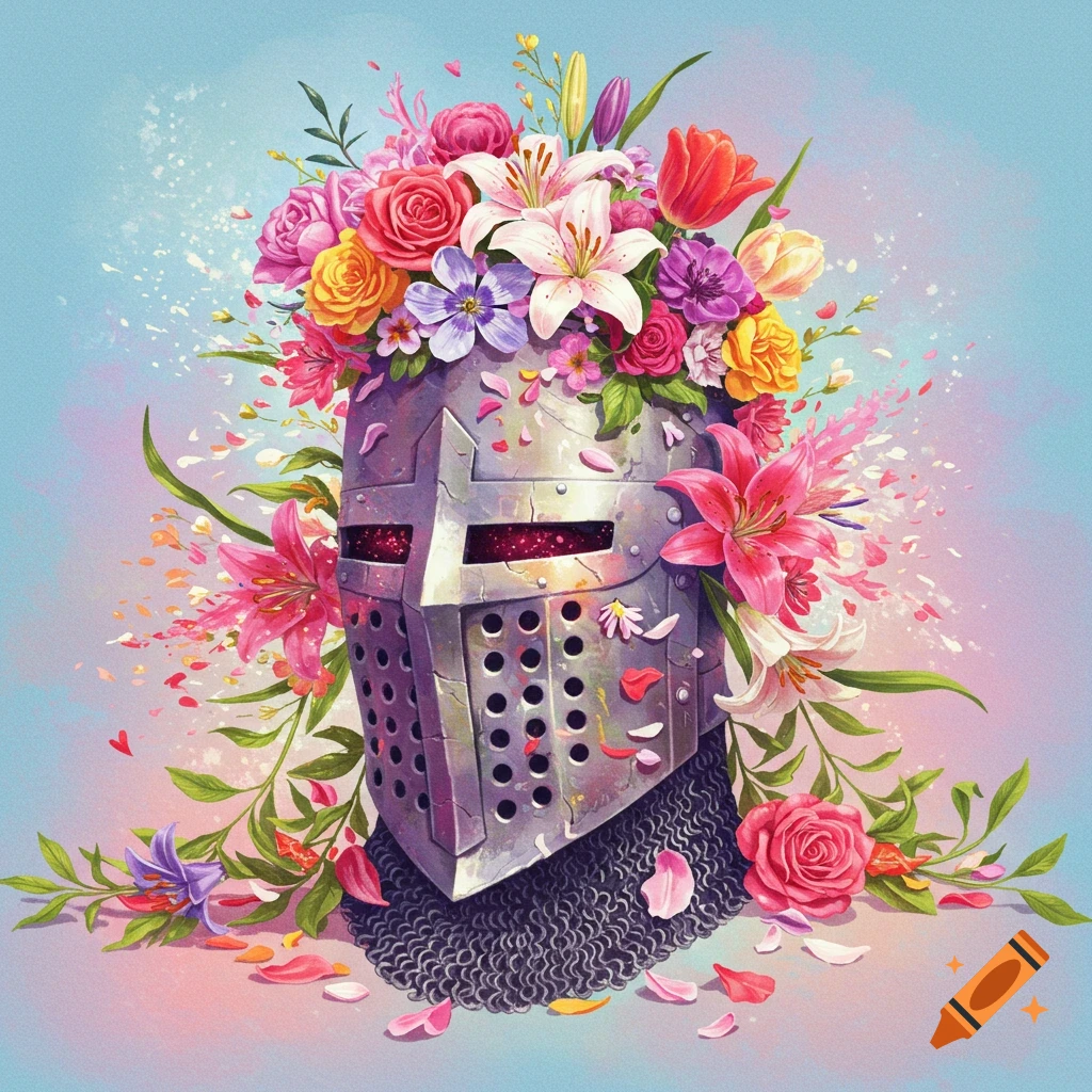A Crusader helmet overflowing with colorful flowers
