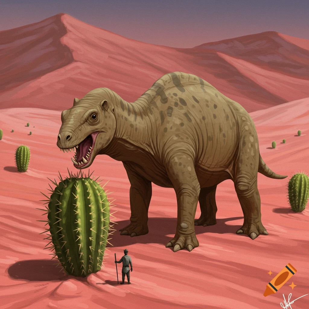 A large creature stands near a giant cactus with a tiny human in a pink desert.