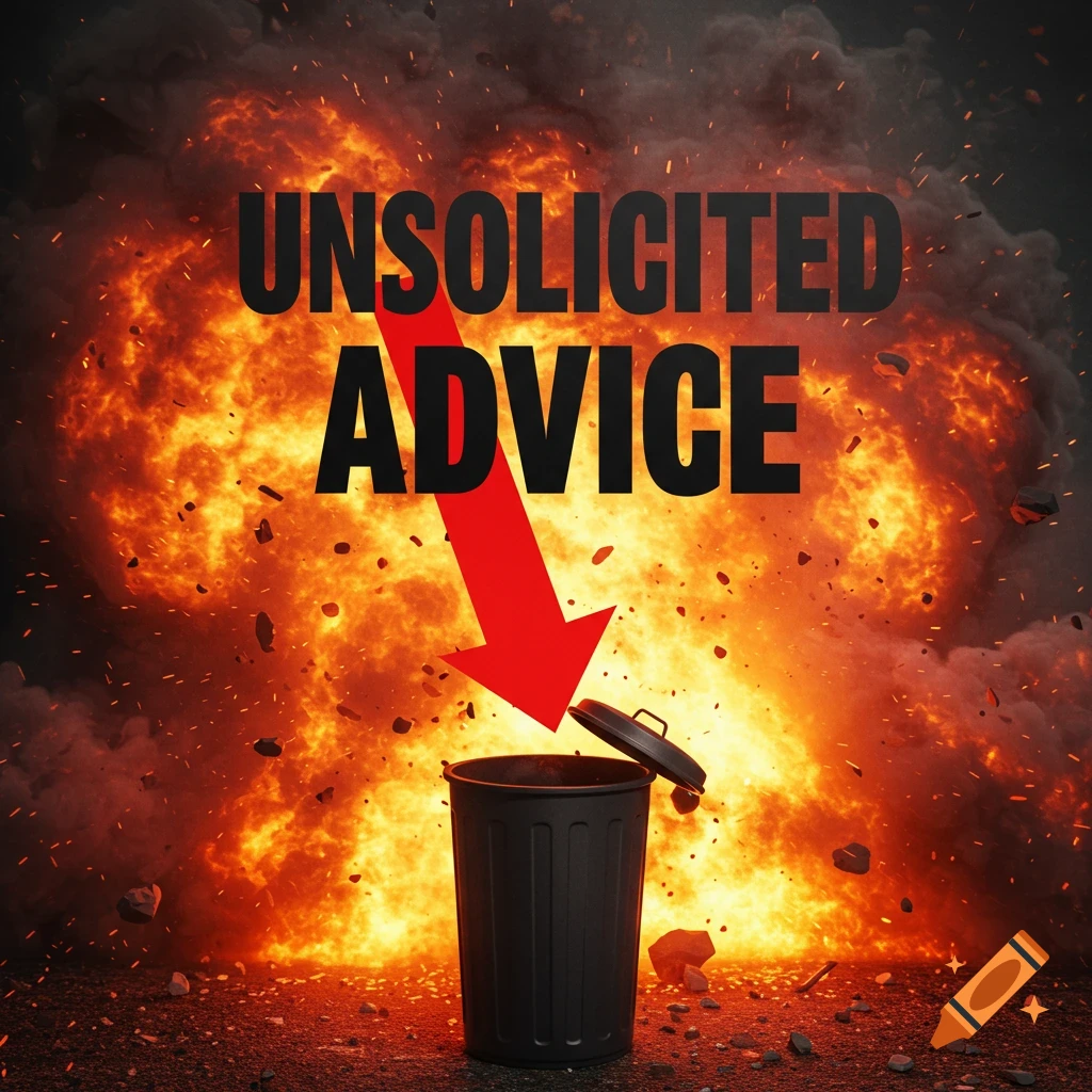 Explosion behind a trash can with 'UNSOLICITED ADVICE' text and a red arrow pointing down.